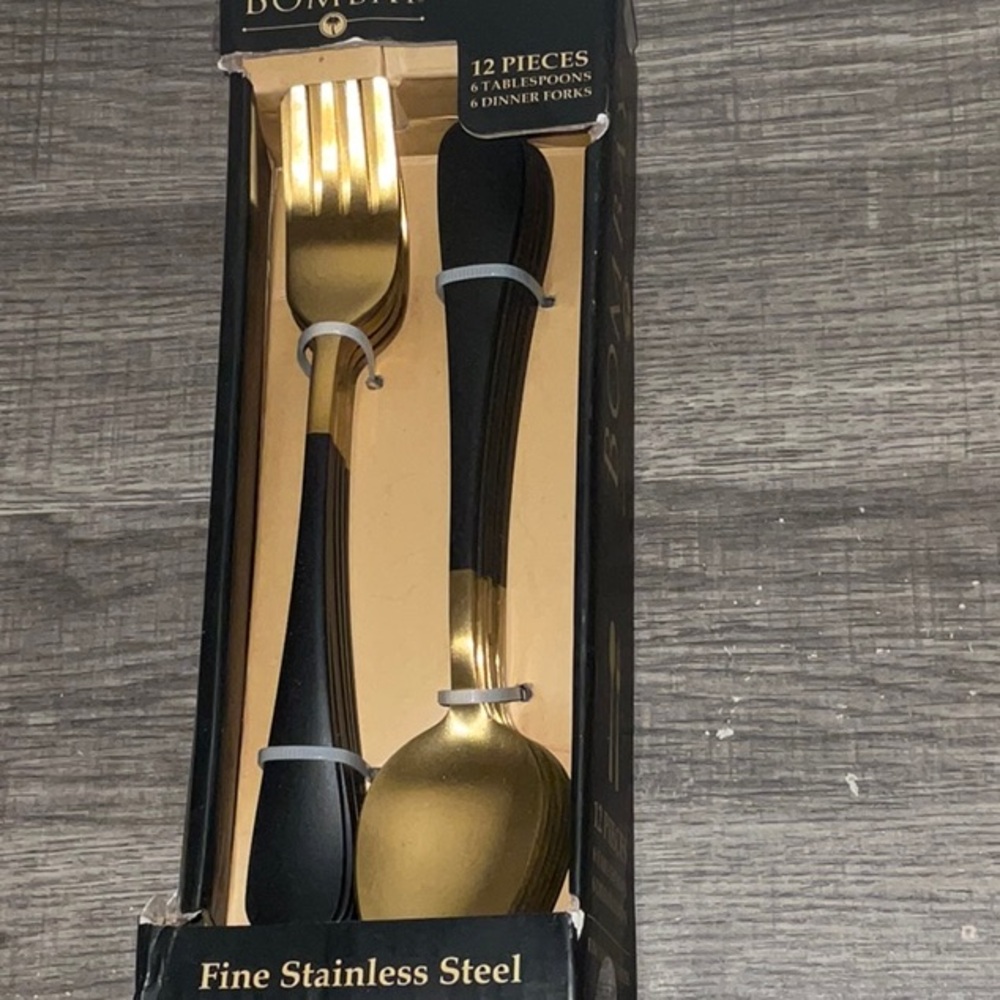 BOMBAY LUNA GOLD BLACK FINE STAINLESS 12pc. FLATWARE. NEW IN BOX
